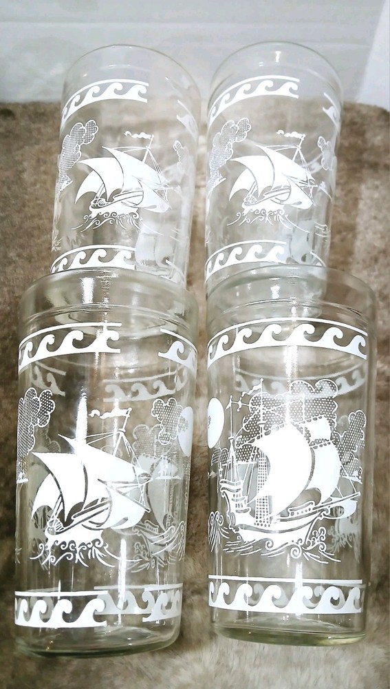 Vtg Glasses Rosso Glass Ships at Sea. Highball Glasses Set Of 4.