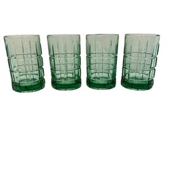 Anchor Hocking Set of 4 Green Tartan Plaid Grid Juice Glasses 4″ USA Vintage