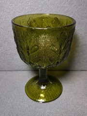 Vintage 1975 FTD Avocado Green Glass Goblet, Embossed Oak Leaf