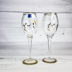 Vintage Crystal Clear Romania Wine Stem Glass Set 2 Etched Rose w Gold Leaves