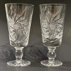 Set of 2 Hand Blown Cut Glass Crystal Hobstar and Pinwheel Cordial Glasses 4.5″