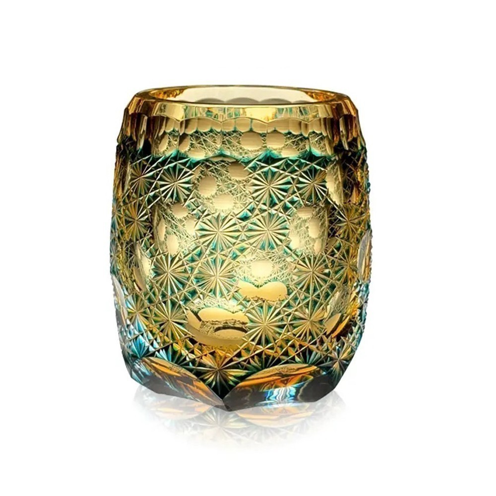 Luxury Cut Crystal Whiskey Glass Edo Style Kiriko Glass Hand Cut To Clear Green