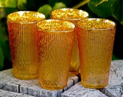 VINTAGE Jeannette Marigold Glass Tumblers Tree Bark Set of 4 1950’s Made in USA