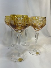 Nachtmann «Traube» Amber/Yellow Cut to Clear Crystal Hock Wine Glasses 4 *READ*