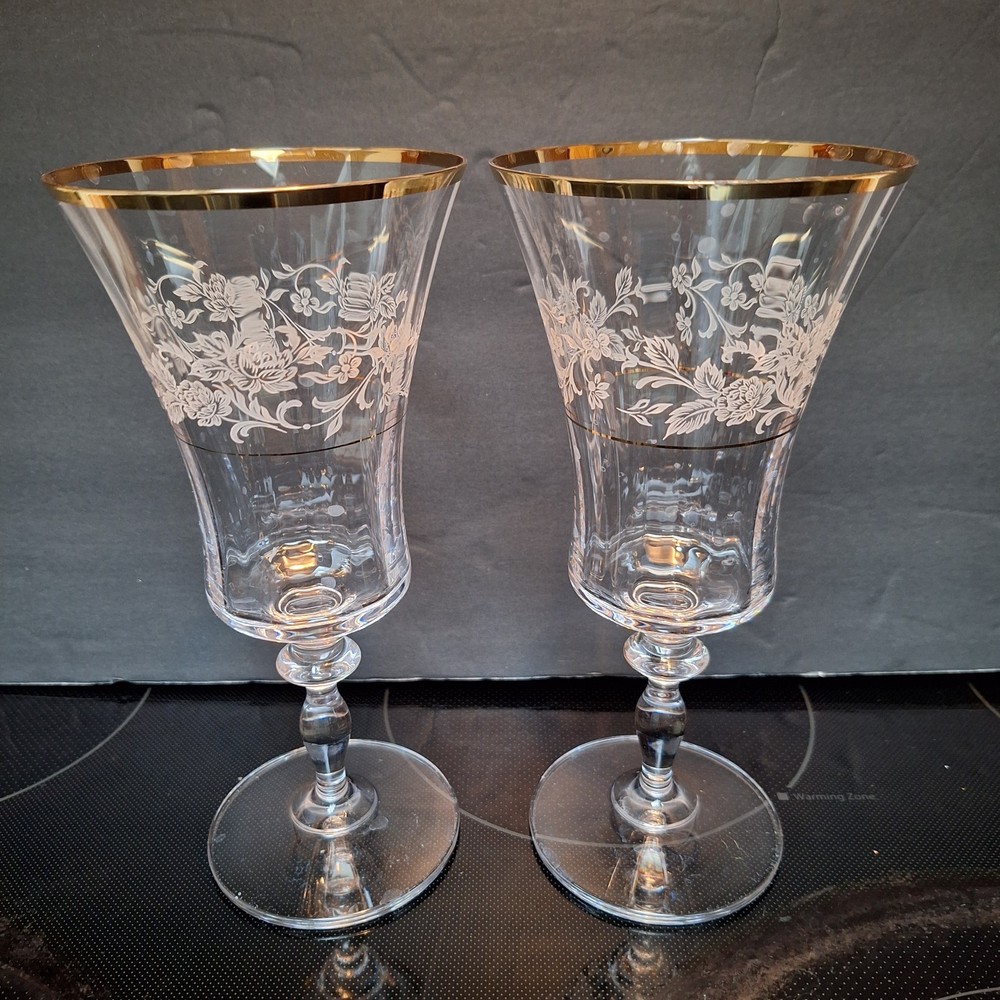 Mikasa Antique Lace Set 2 Iced Tea Water Goblets 8″ Floral Gold Trim Vtg 1990s