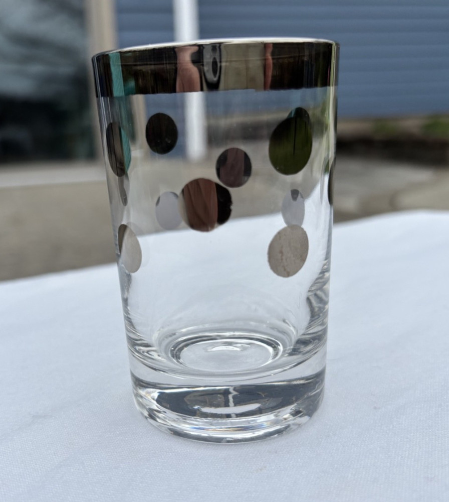Dorothy Thorpe Style Silver Band and Polka Dots 5oz Juice Glass Very Good Cond.