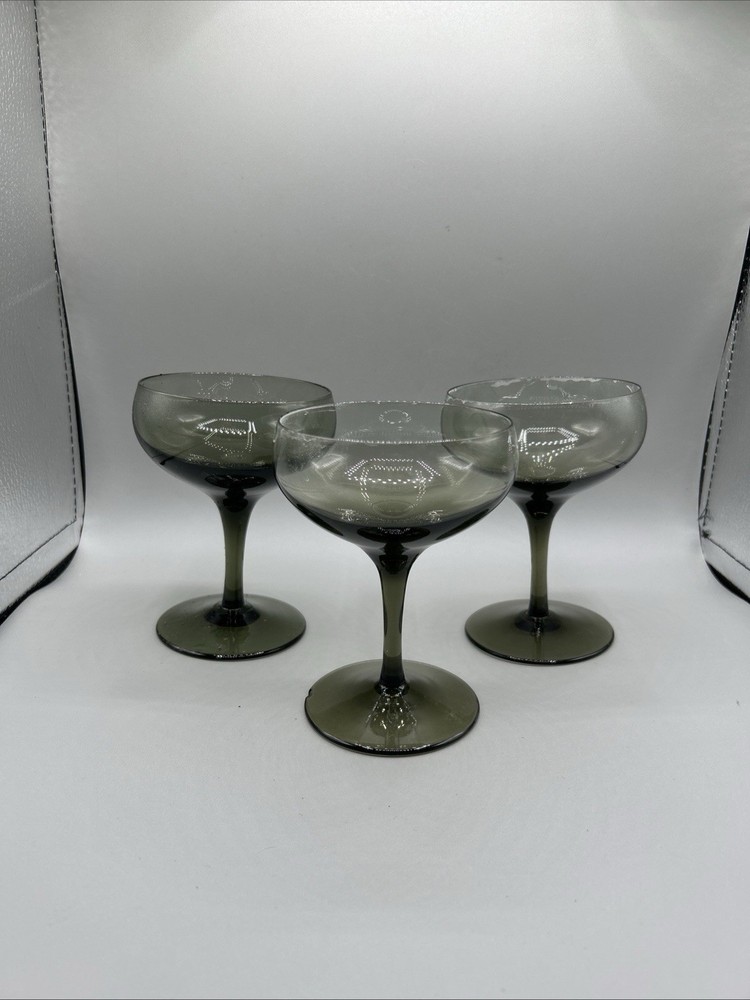 3 Vintage Bryce Blown Glass Ballet Smokey Green (Dusk) Sherbets 4.5” Mid Century