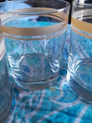 Set Of 4 MCM Low Ball Heavy Bottom Drinking/Rocks Glasses Tan Stripes