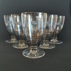 Daum France 6 Goblet Set 5″ Glasses Silver Stripes SIGNED RARE 8 Ounces