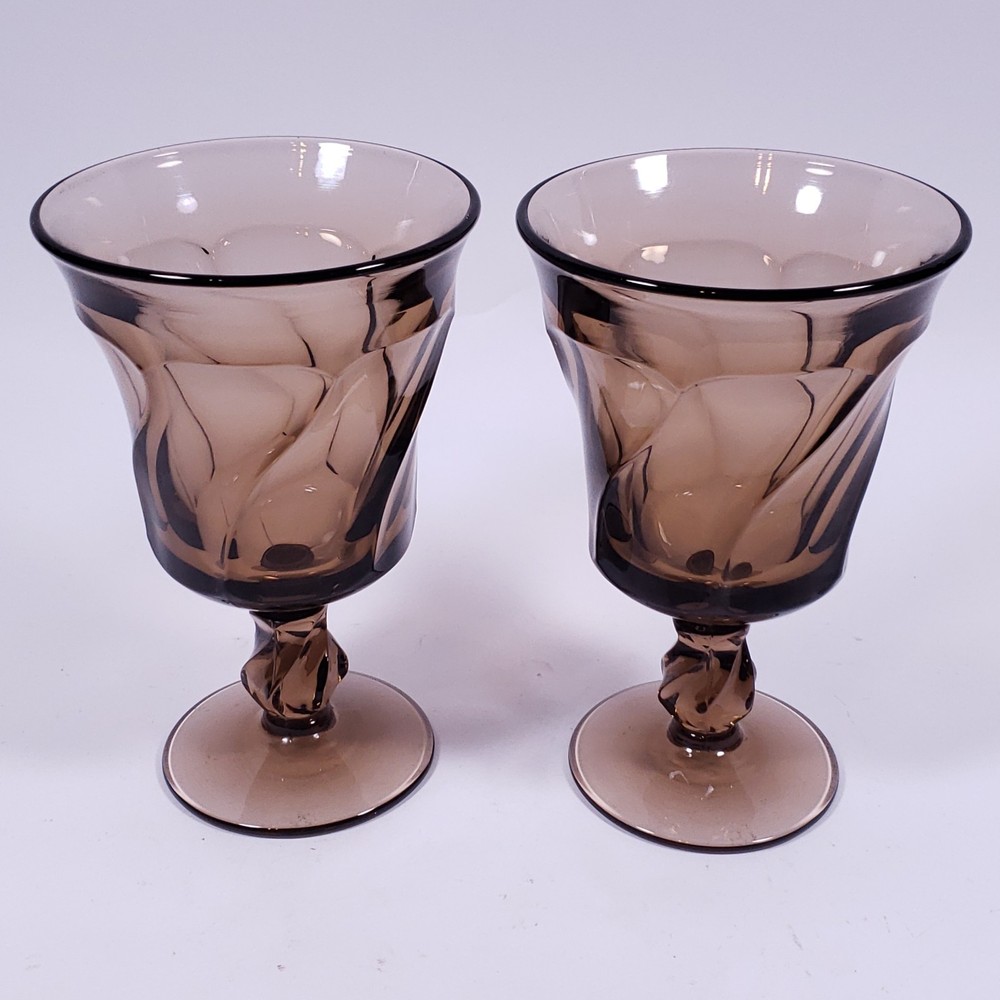 Vintage FOSTORIA Jamestown Brown Smoky Swirl Glass Footed WATER GOBLET GLASS SET
