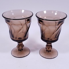 Vintage FOSTORIA Jamestown Brown Smoky Swirl Glass Footed WATER GOBLET GLASS SET
