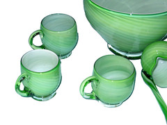 Murano Carlo Moretti 8 Pc Punch Bowl Set, Green & White Cased Glass OOAK, Italy