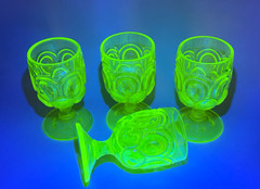 VINTAGE LG WRIGHT LOT 4 YELLOW URANIUM VASELINE MOON & STARS 6″ GOBLET GLASS