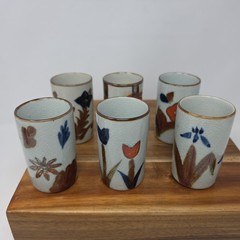 6 Vintage/MCM Otagiri Japan Stoneware Sake Tumblers Tea Juice Cups Floral Set