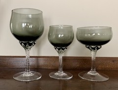 Sasaki Smokey Gray Twisted Stem 8-Champagne 8-Red Wine 8-White Wine Glasses MINT