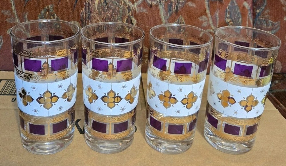 4 VTG Anchor Hocking Elegance Highball Tumblers Glasses MCM Gold Atomic Scroll