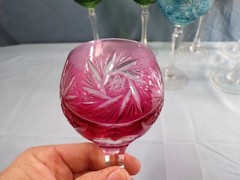 8 Bohemian Cut-to-Clear Crystal Wine Hocks Goblets Green Blue Cranberry Amber