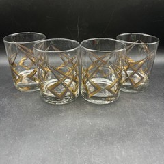 RARE MCM Atomic Kraftware Black Gold Geometric Cocktail Lowball Tumbler Glasses