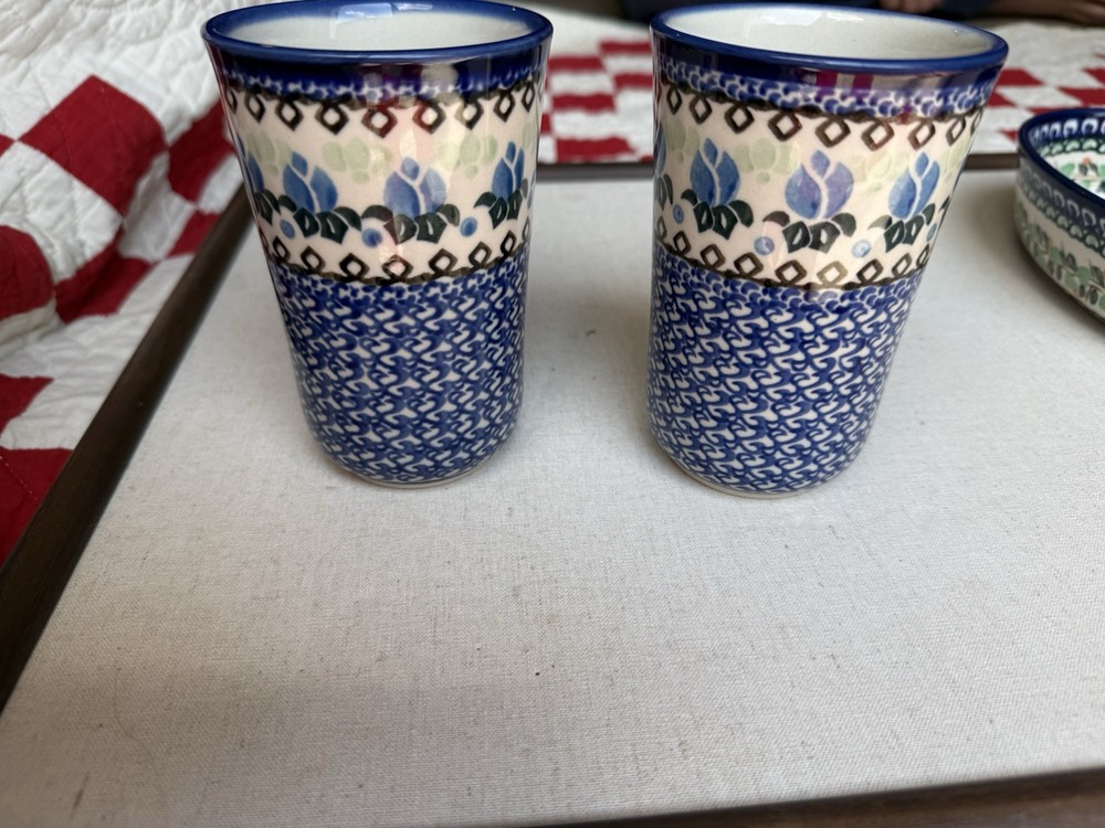 Unmarked Hand Painted Polish Pottery Ceramic Tumbler Cups Set of 2 Blue