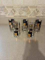 5 – MCM Gold And Black Grid And Block Pattern Tumbler Glasses 5-1/2”
