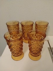5 Vtg Whitehall Colony Cubist Harvest Gold Amber Glasses 3.5 » by 6″ VG