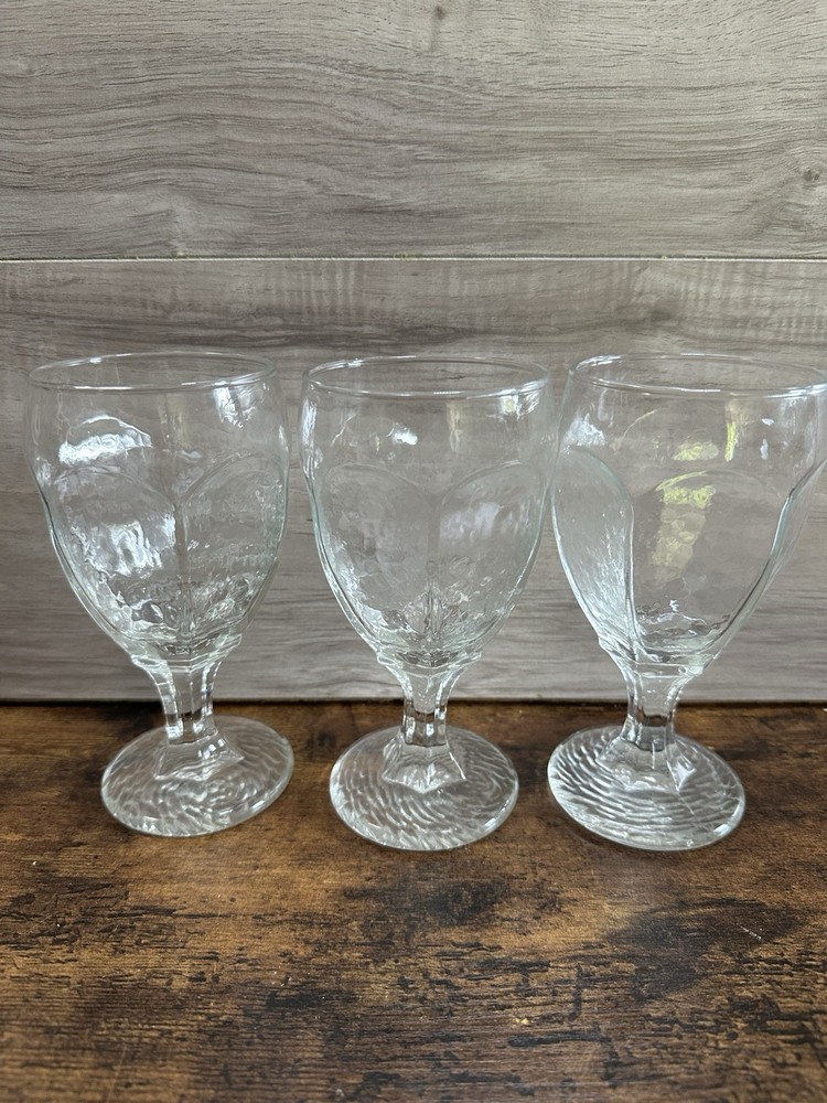 Vintage Clear Paneled Water Goblets Set of 3 Textured Stem Glasses