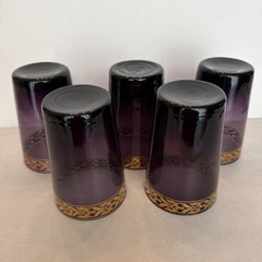 (5) Vintage Amethyst Pier 1 Imports Purple Blown Glass Tumblers Gold Trim