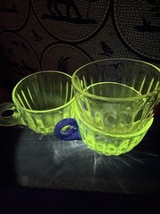 Vintage Duncan Miller Radiance Punch Bowl Set 12 Cups & Ladle UV Reactive Glass