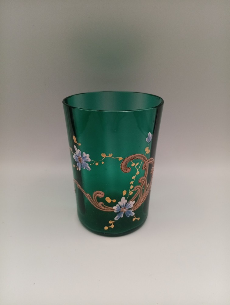 Victorian Optic Hand Blown Green Glass Gold Enameled Tumbler Flowers READ