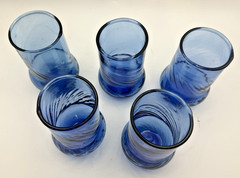 Cobalt Blue Juice Glasses Cups Set 5 VTG Handblown Art Glass Optic Swirl 4oz