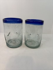 Set Of 2 Hand Blown w/ pontil mark Mexican Glasses Cobolt Blue Rim Heavy Dimples