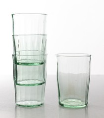 Four Uranium Juice Glass Tumblers Stackable Vertical Ribbing 3.5×2.5″ 1920s-40s