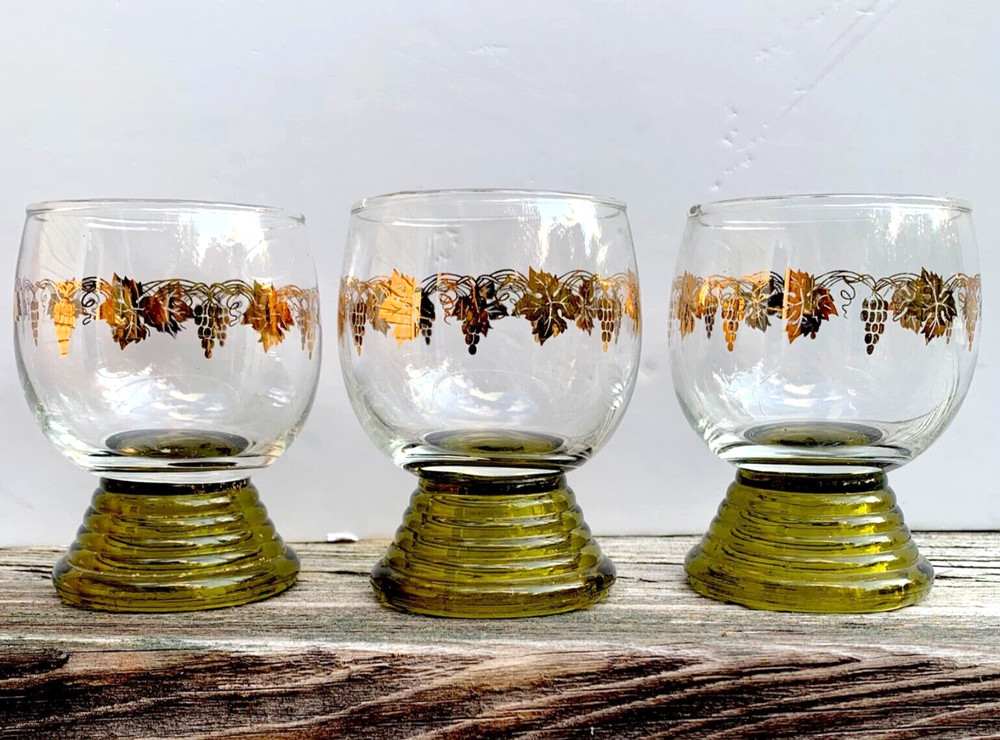 Green Beehive Stemmed Etched 24Kt Gold LeaF Juice Glasses Wine Cordial 3