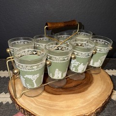 AS-IS 8 VTG Greek Mythology Wedgwood-? Glasses w Carrier Barware MCM SEE PICS
