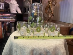 Floral Decorated Clear Green White Glass Pitcher w/ 5 Matching Tumbler Glasses