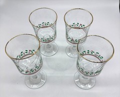 Set Of 4 Libby Vintage Christmas Holly & Berry Water Goblets With Gold Rim