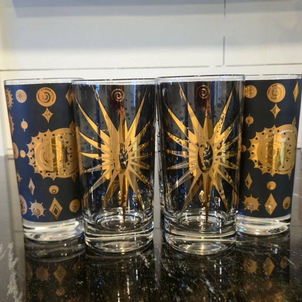Vintage Fred Press Atomic Sunburst Glasses Black 22K Gold Barware Set MCM 6 cups