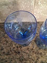 Etched Vintage Hand Blown Glass 6″ Goblet, Grape Design, Blue Set of 2