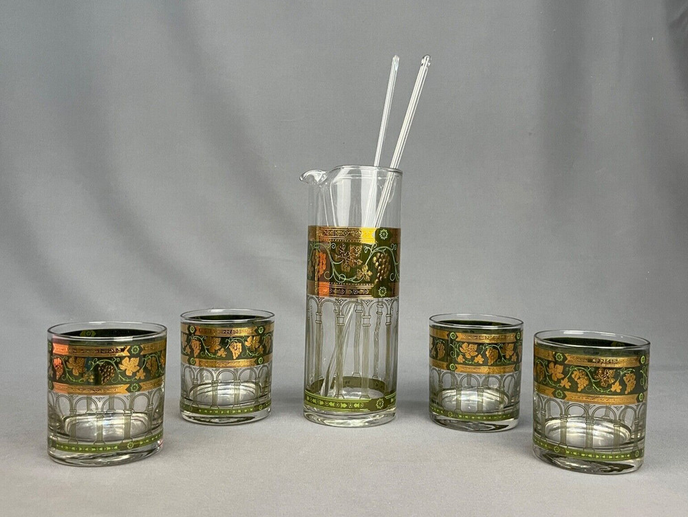 7 pc MCM Cera GOLDEN GRAPES Green Martini Pitcher + 4 Old Fashioned Glasses