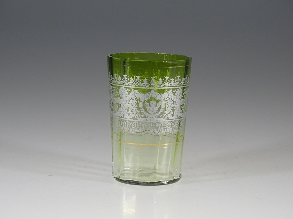 Victorian Glass Green to Crystal Water Tumbler Silver Overlay Angels c.1890