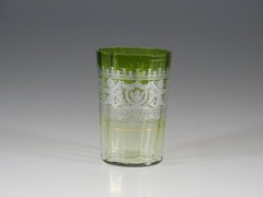 Victorian Glass Green to Crystal Water Tumbler Silver Overlay Angels c.1890