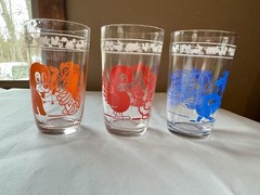 3 SWANKY SWIGS KRAFT CHILDRE KIDS JUICE GLASSES RED BLUE & ORANGE BABY ANIMALS