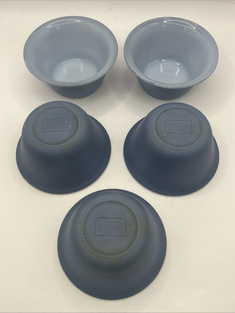 Vintage MCM Glasbake Blue 2 Tone Glass Custard Dishes; Set of 5; 2” in tall
