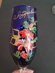 Set of 2 Russian Champagne Flutes Cobalt Blue Glass Clear Stem Heart 9″ Painted