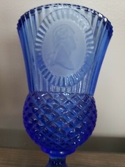 3 Piece Vintage Avon Fostoria Blue Glass Washington Goblets & Pitcher Set & Box