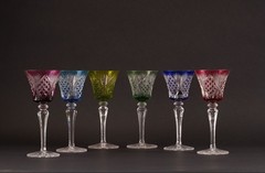 St Louis Vologne Crystal Wine Goblets Set of 6 Hand Cut Overlay Colors Signed