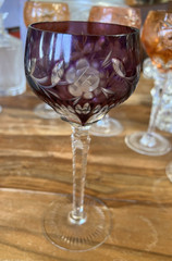 Lausitzer Crystal Wine Hock Wine Glass Purple Florals and Flourish MINT 7.5″