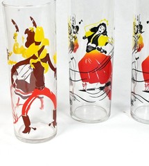 Vintage Caribbean Tiki Highball Glasses Set 6 Dancer Music Tropical Bar