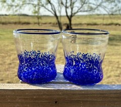 2 Vintage Block Basic Blown Art Glasses Dark Blue Speckled. MCM Beautiful 4”