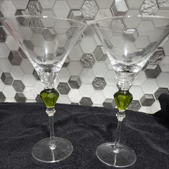 Luster Green Jewel Martini Or Cocktail Glass Goblet. Set Of 2. 9.5″ Tall. Wow!